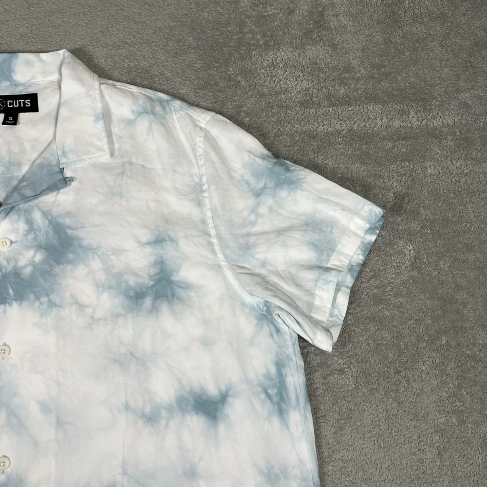 Cuts Clothing Shirt Men XL Blue White Tie Dye Camp Collar Hyperloop Rayon - Picture 7 of 13